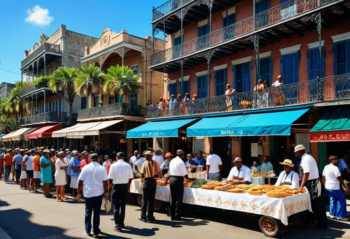 A vibrant street scene in New Orleans filled with lively jazz musicians, colorful festival decorations, and diverse community members enjoying a cultural event. Iconic architecture, such as wrought-iron balconies and historic buildings, frames the backdrop. Include elements like Creole cuisine being prepared, street performers, and art vendors to reflect the rich culture. Capture the essence of celebration and community, under a bright blue sky. super-realistic. vibrant colors. 3D.