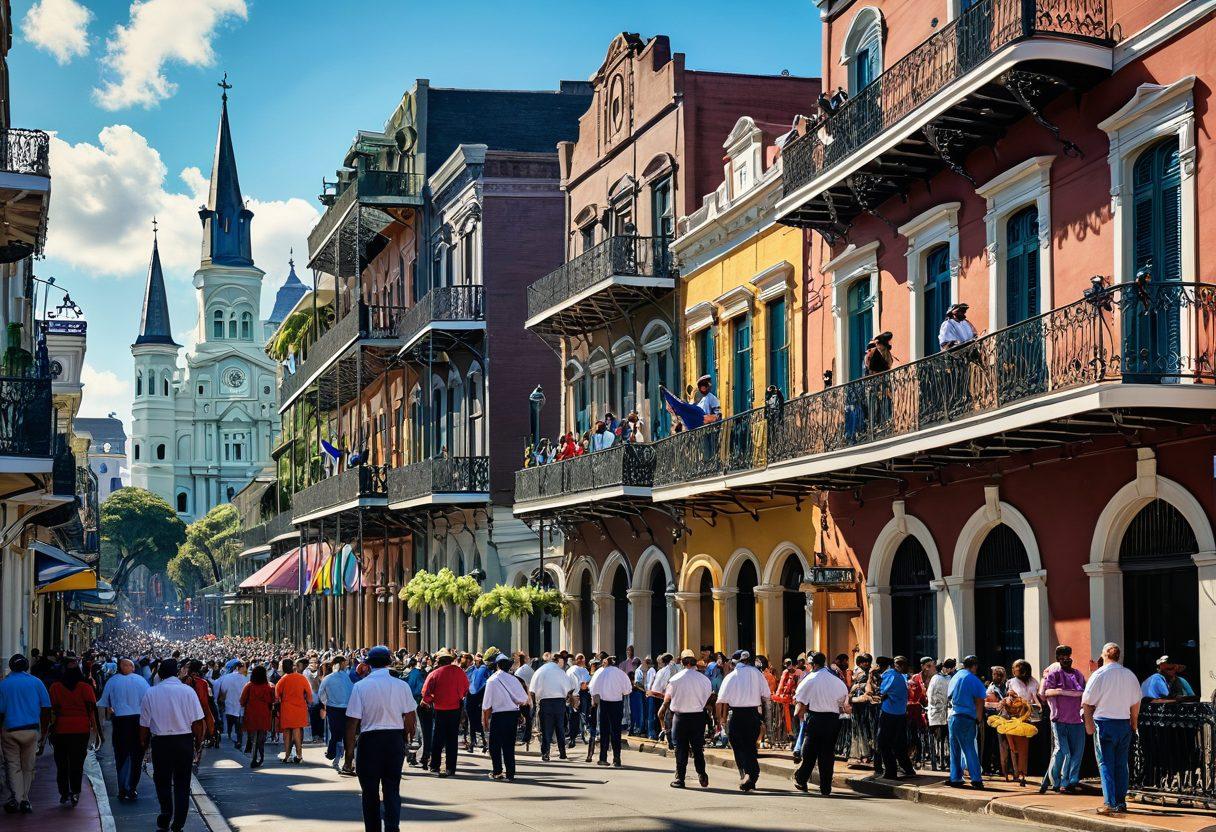 A lively street scene in New Orleans, featuring colorful historic buildings, musicians playing jazz on the sidewalk, and people engaging in conversation. The backdrop includes the iconic St. Louis Cathedral and vibrant Mardi Gras decorations. Capture the spirit of community and culture, with a sunny sky and warm inviting colors. super-realistic. vibrant colors. 3D.