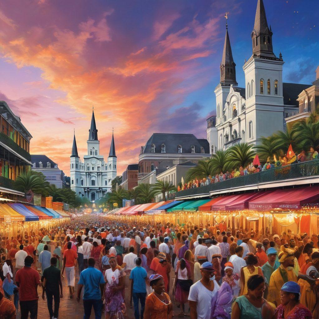 A vibrant scene depicting a lively New Orleans festival, with colorful street parades, people wearing festive masks, musicians playing jazz, and food stalls offering local delicacies. Include iconic landmarks like the St. Louis Cathedral in the background, with warm, inviting lights illuminating the evening sky. Capture the joy and togetherness of community celebrations. super-realistic. vibrant colors. evening ambiance.